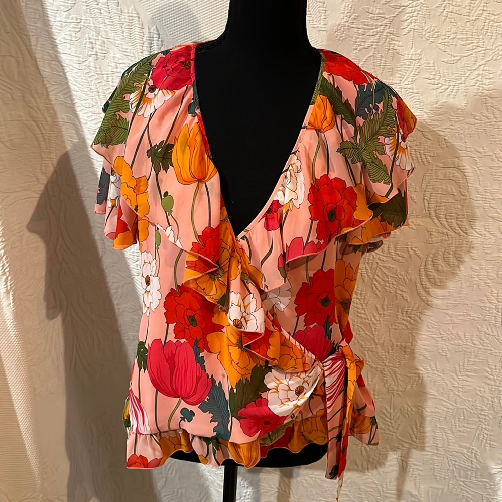 Trina‎ Turk ruffled short sleeve wrap top, size medium